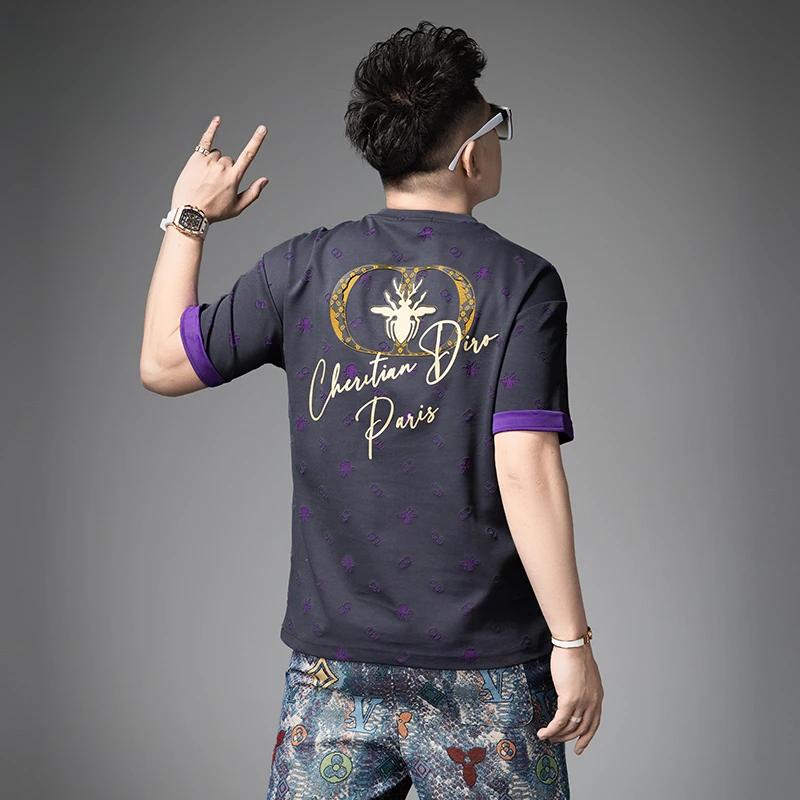 欧洲站男士高端提花短袖t恤2025新款夏季潮牌宽松美式半袖体恤男