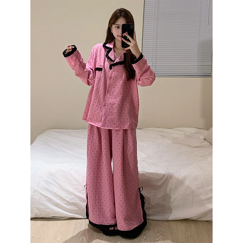 【纯欲少女】甜美蕾丝花边棉纱睡衣女春秋2025新款套装长袖家居服女