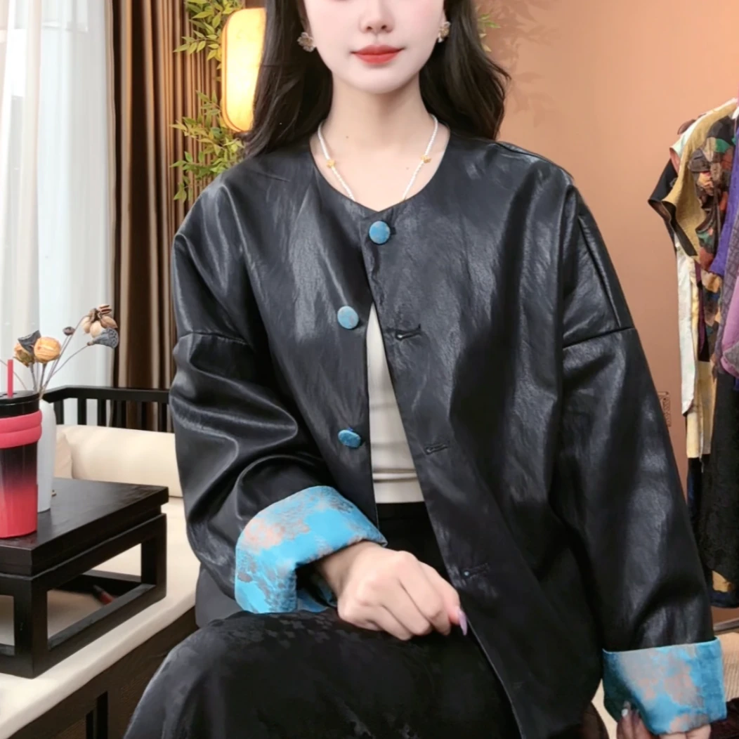 2025新款气质中式国风绵羊皮秋季外套女百搭宽松显瘦皮衣女S203