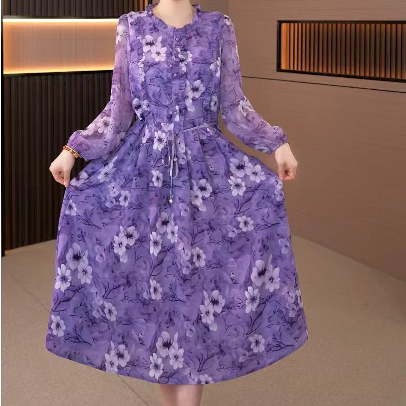 显瘦圆领夏季灯笼袖碎花洋气连衣裙收腰提花中长款气质夏季秋季
