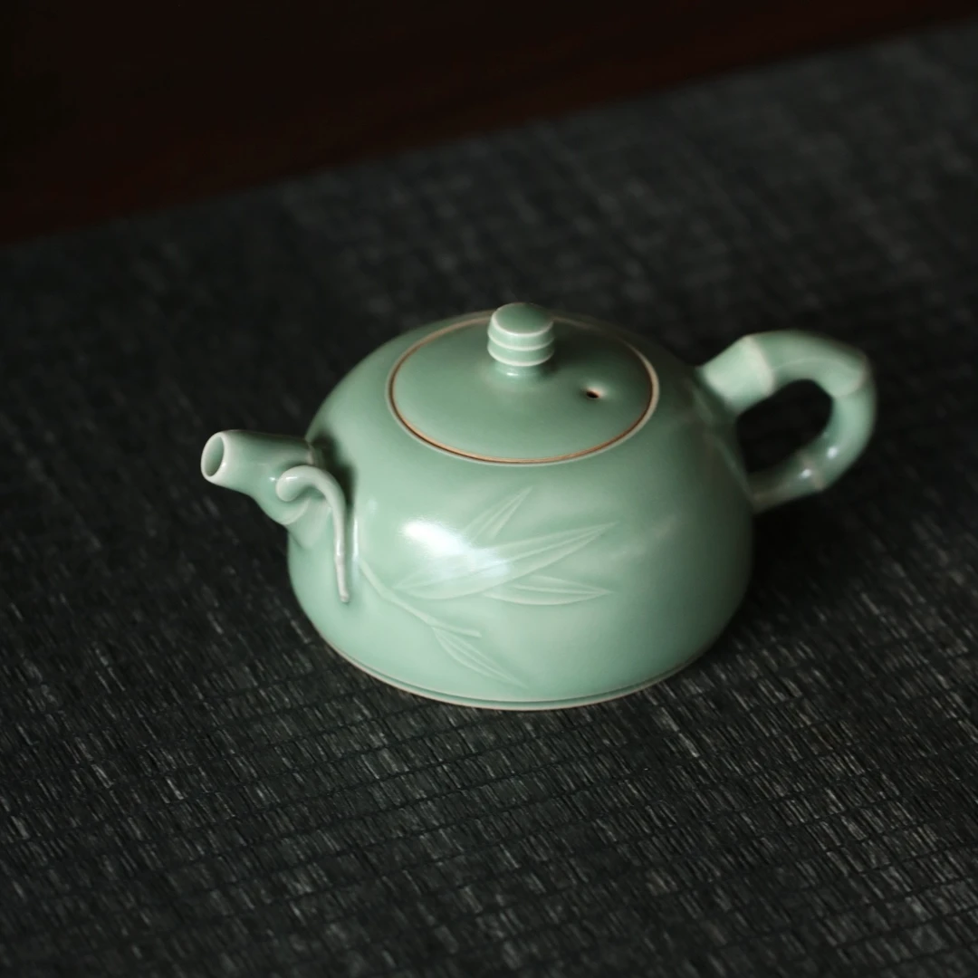 吴俊杰龙泉窑全手工豆青色功夫茶具大容量高颜值竹节泡茶壶单壶