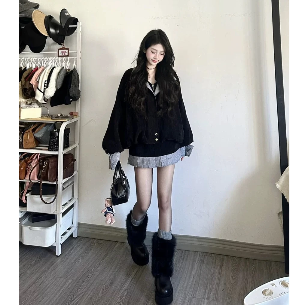 AMI.FS春季一整套女装新款时尚百搭宽松拼接夹克外套短裙两件套