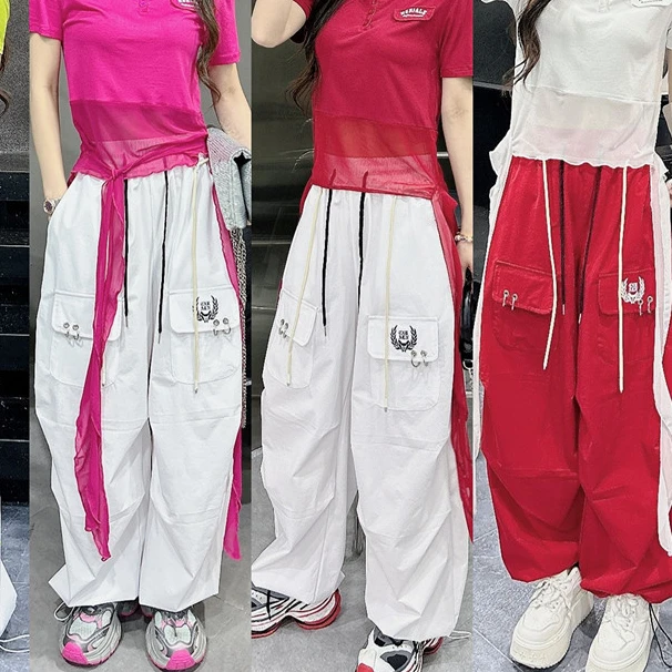 夏季新款拼接网纱流苏短袖上衣速干工装裤舞蹈演出队服装静静同款
