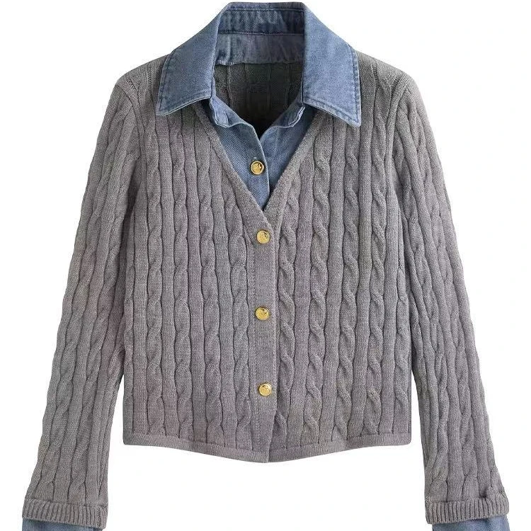 拼接短款长袖毛针织衫牛仔领毛衫百搭上衣女装气质条纹针织衫