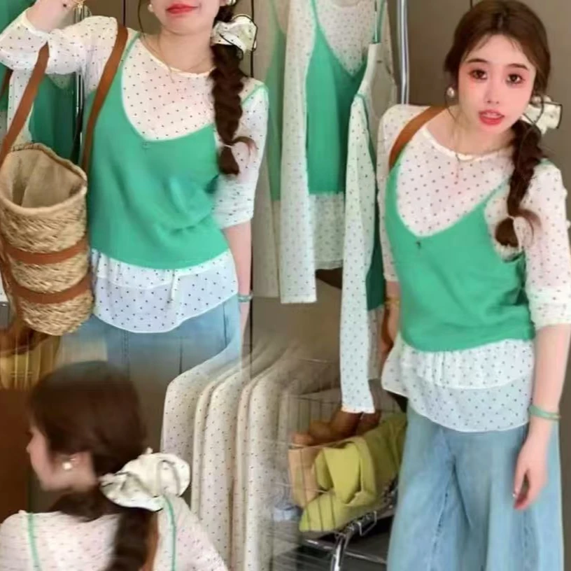 甜美风小清新减龄波点打底上衣+吊带背心套装纯欲百搭显瘦时尚