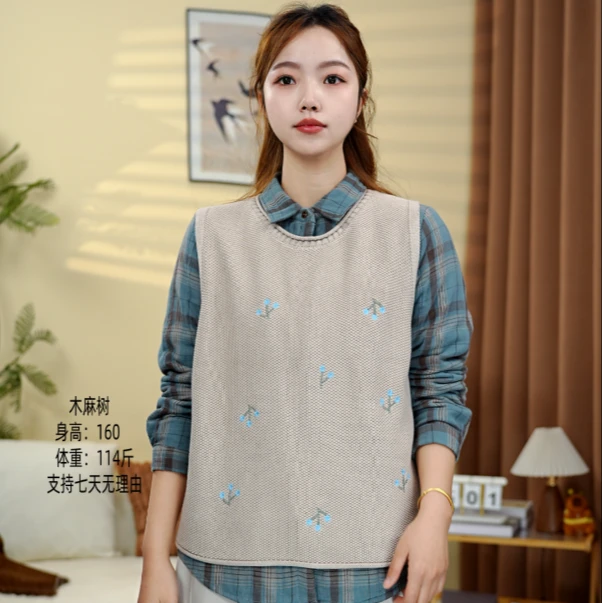 木麻树；刺绣春秋针织休闲打底宽松圆领棉线马甲X
