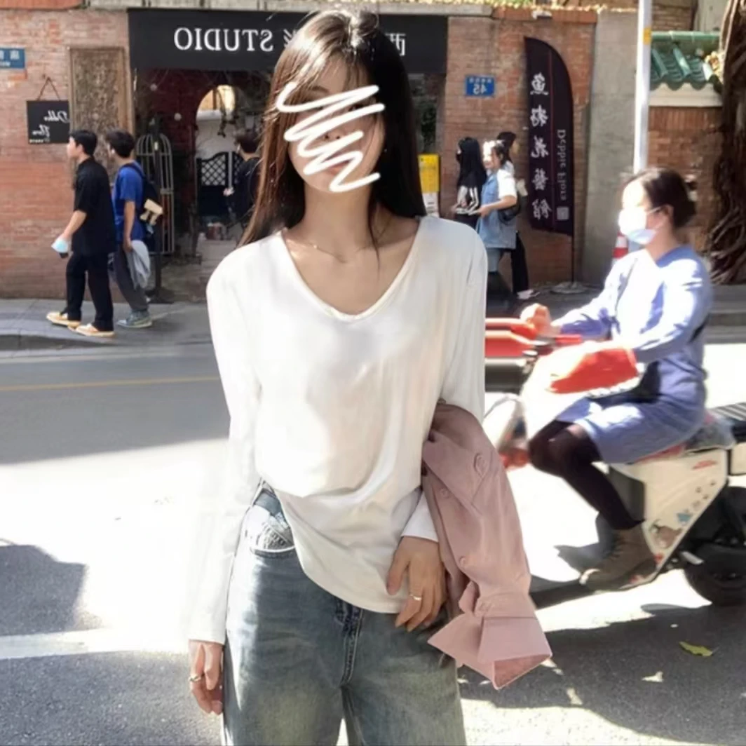 新款U领正肩长袖夏季打底t恤秋冬韩系慵懒宽松女版透气时尚显瘦