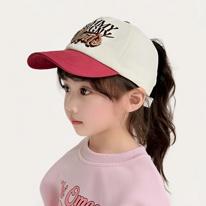 儿童帽子春秋拼色女童宝宝空顶鸭舌帽可扎马尾辫棒球帽百搭遮阳帽