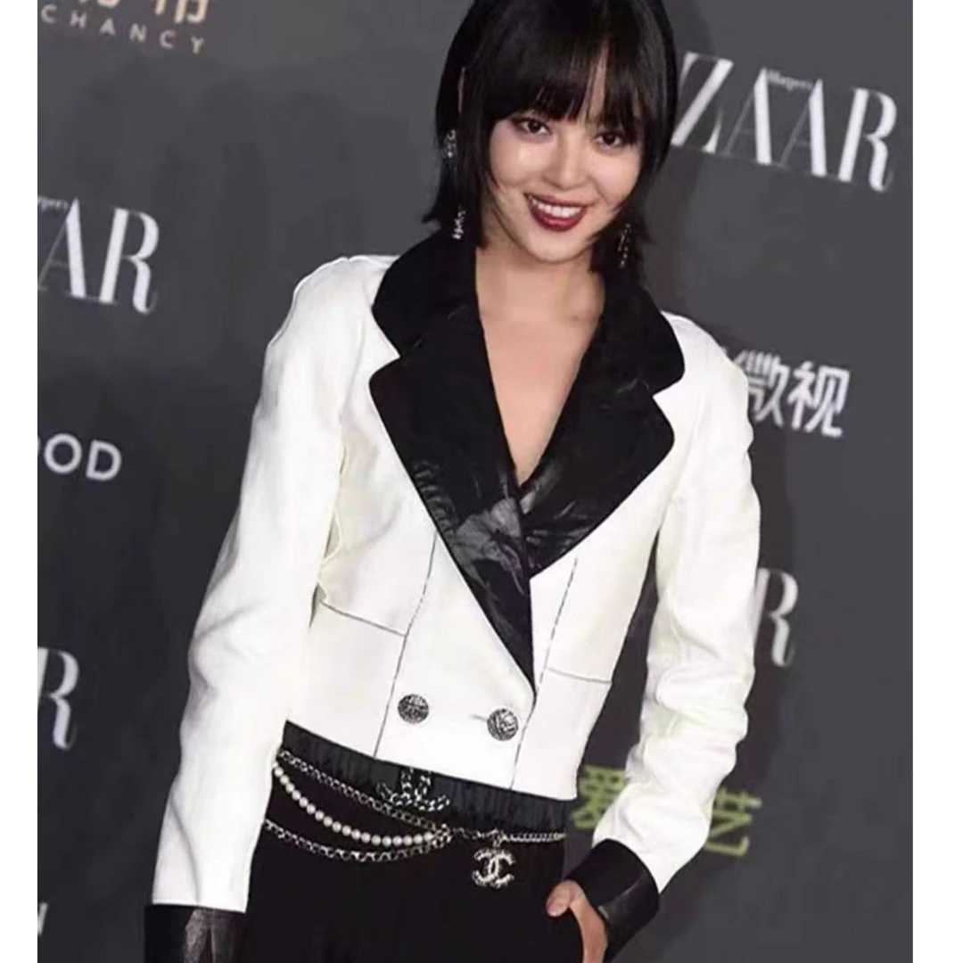 95新 Chanel/香奈儿 黑白拼色翻领皮衣/上f38下f36