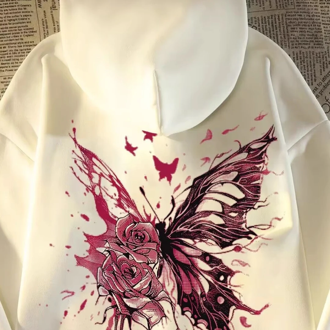 美式潮牌蝴蝶玫瑰花高街连帽卫衣男女装2025秋冬季宽松慵懒风外套