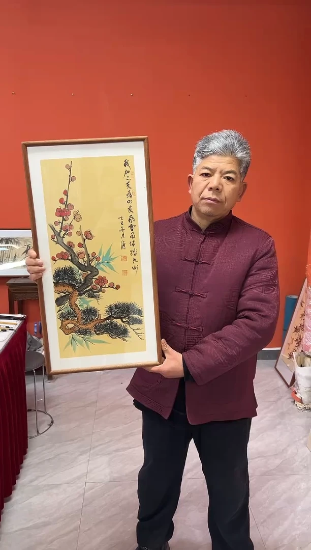 书法张富民手绘作品/岁寒三友//古宣（乌檀木外框）36*69cm左右