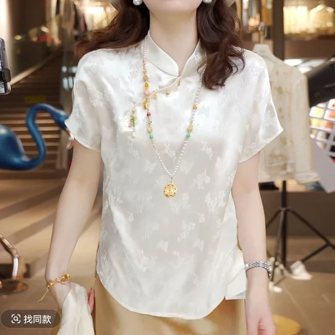新中式民国风提花圆领复古T恤中国风夏季衬衫上衣气质法式上衣