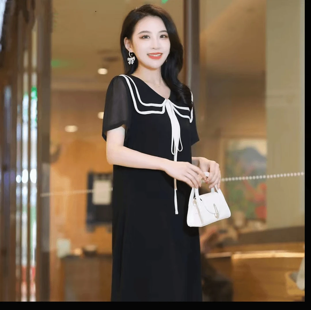 七分袖X型A字裙夏季大码连衣裙四季通用吸汗短袖多巴胺服装女