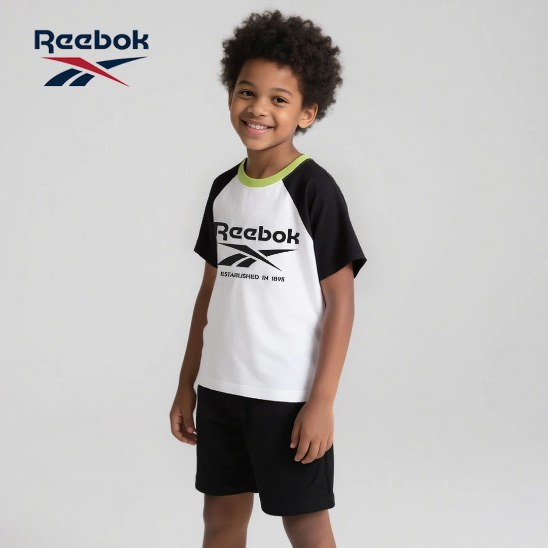 Reebok锐步儿童短袖套装男孩撞色上衣男童夏季纯棉t恤大童夏装