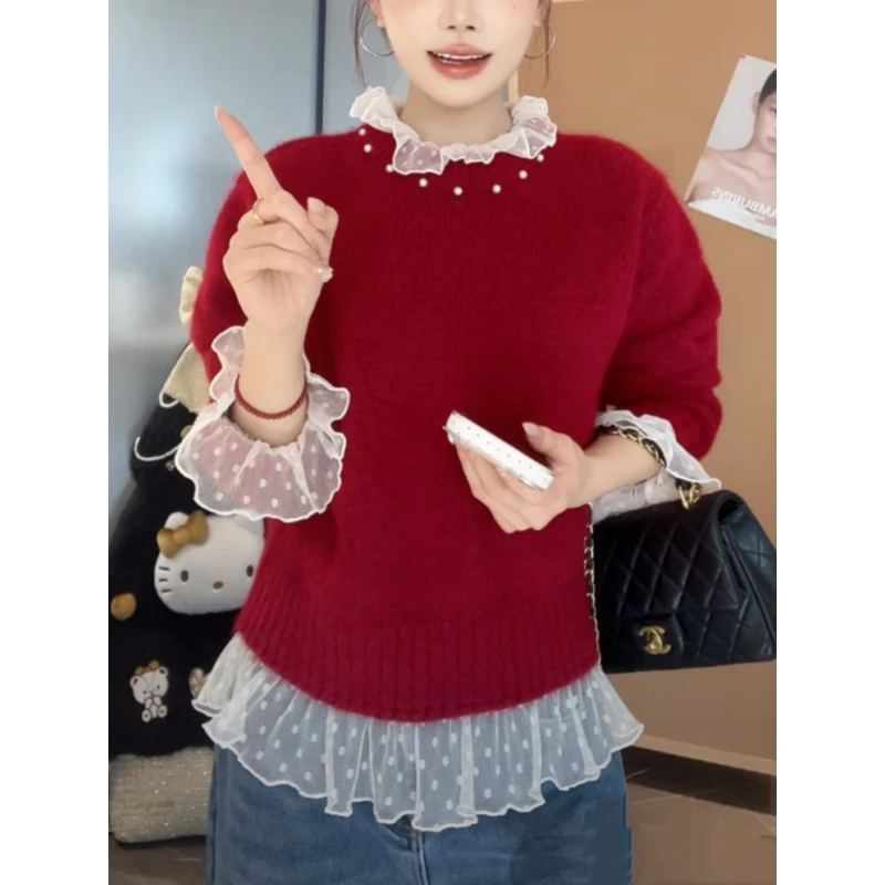 巨好看红色氛围感钉珠蕾丝拼接针织衫女秋冬新款百搭减龄漂亮毛衣