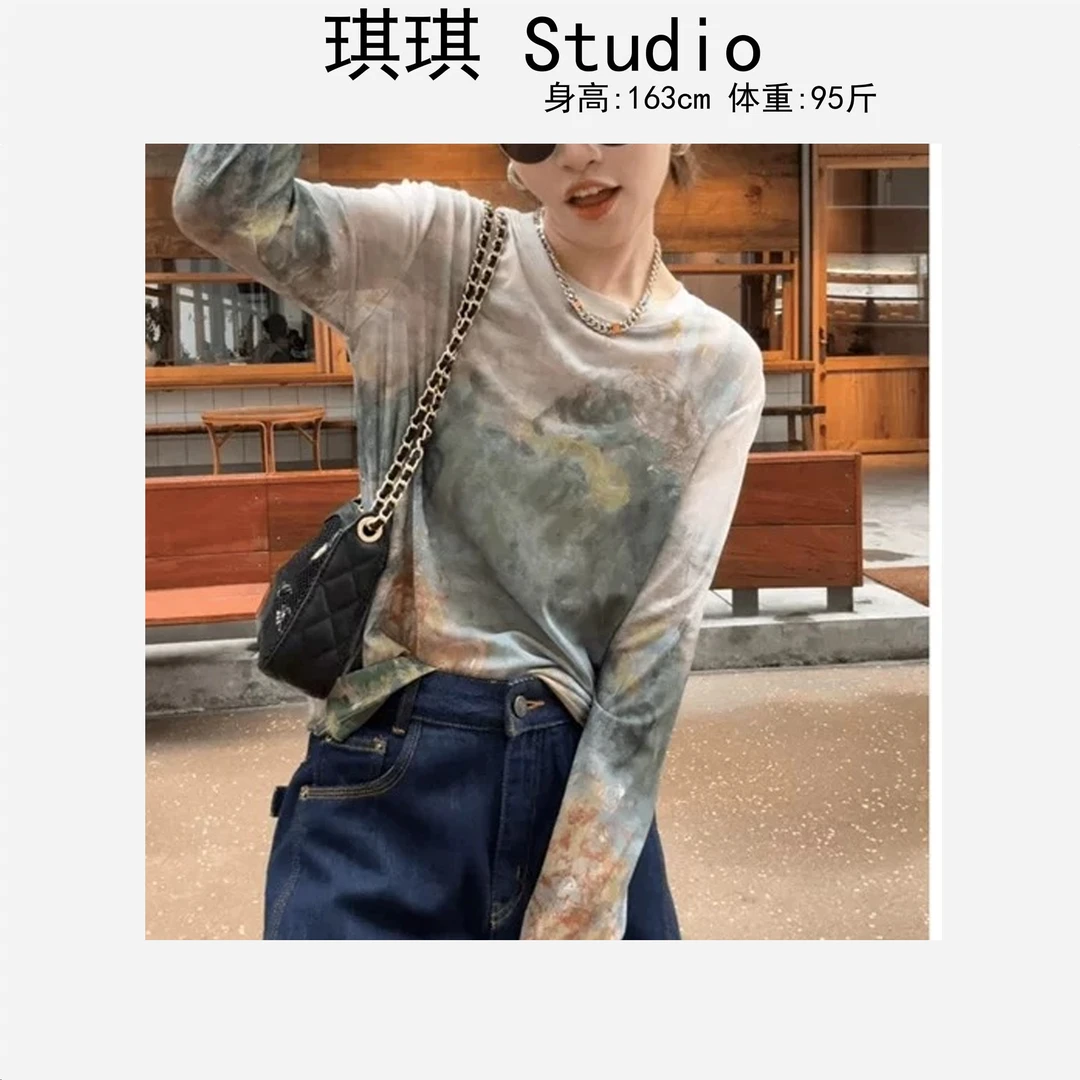 《琪琪家》春夏季新款轻奢高级感山水绘画显瘦减龄网纱上衣9381-G