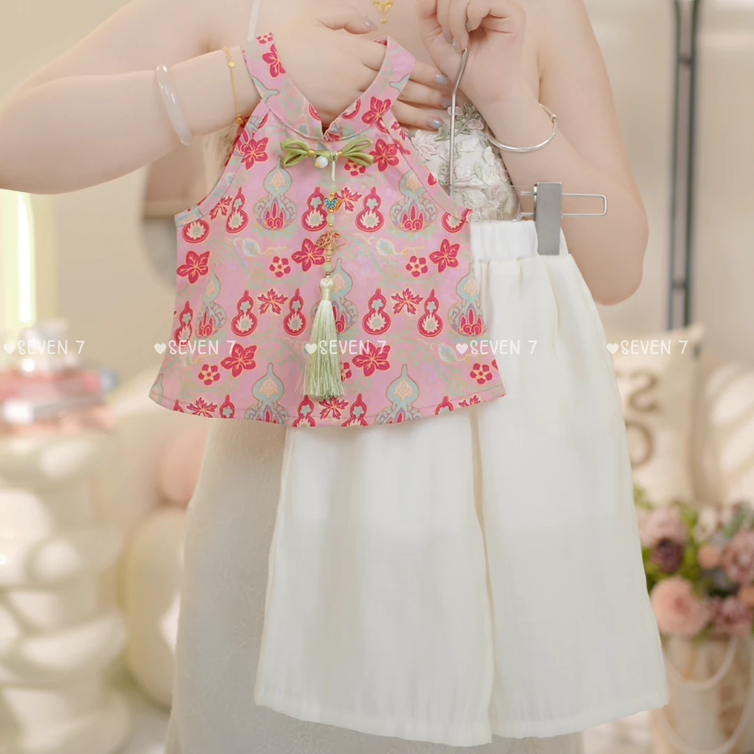 女童2025夏季新品新中式背心阔腿裤两件套C23356