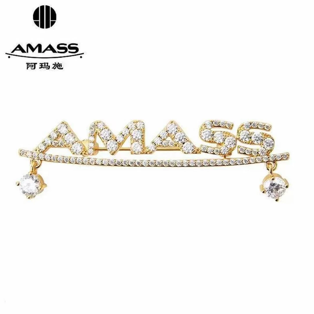 不锈钢锆石胸针 AMASS/阿玛施新款经典logo弧形装饰钻胸针590024