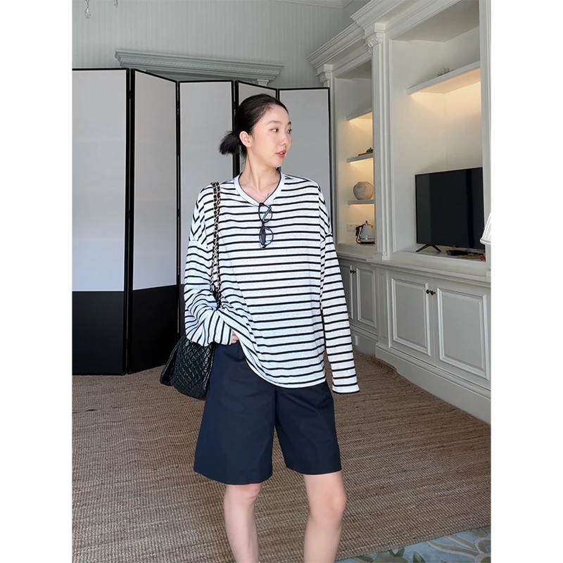 郭九九呢 棉简约休闲落肩条纹长袖T恤老钱感百搭短裤 G925Y12730