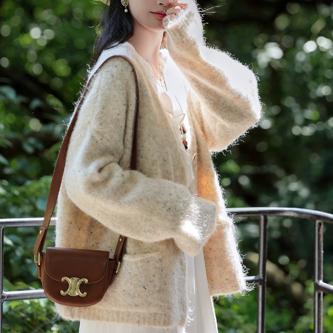 法式甜美慵懒风彩线点缀针织开衫毛衣女2025秋季新款短外套