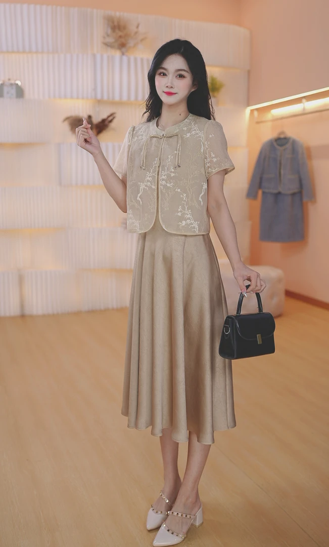 【上衣+连衣裙】2025夏季新款优雅气质修身显瘦休闲国风套裙两件套