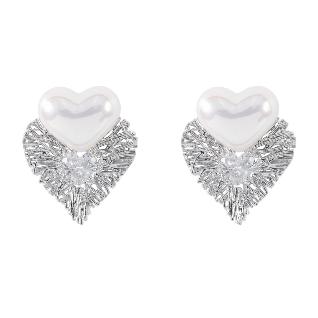 镀k金 925银针 气质轻奢编织贝珠爱心耳钉 1694