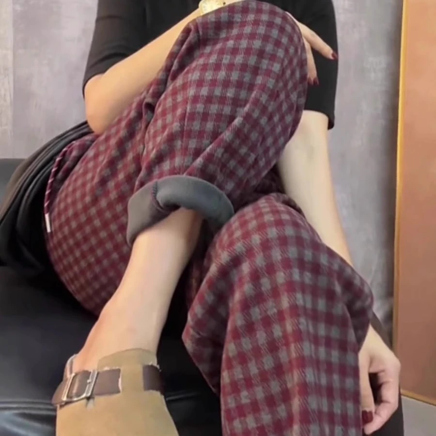 高级格纹加绒毛呢休闲裤女今年秋冬流行新款高腰时尚气质哈伦裤子