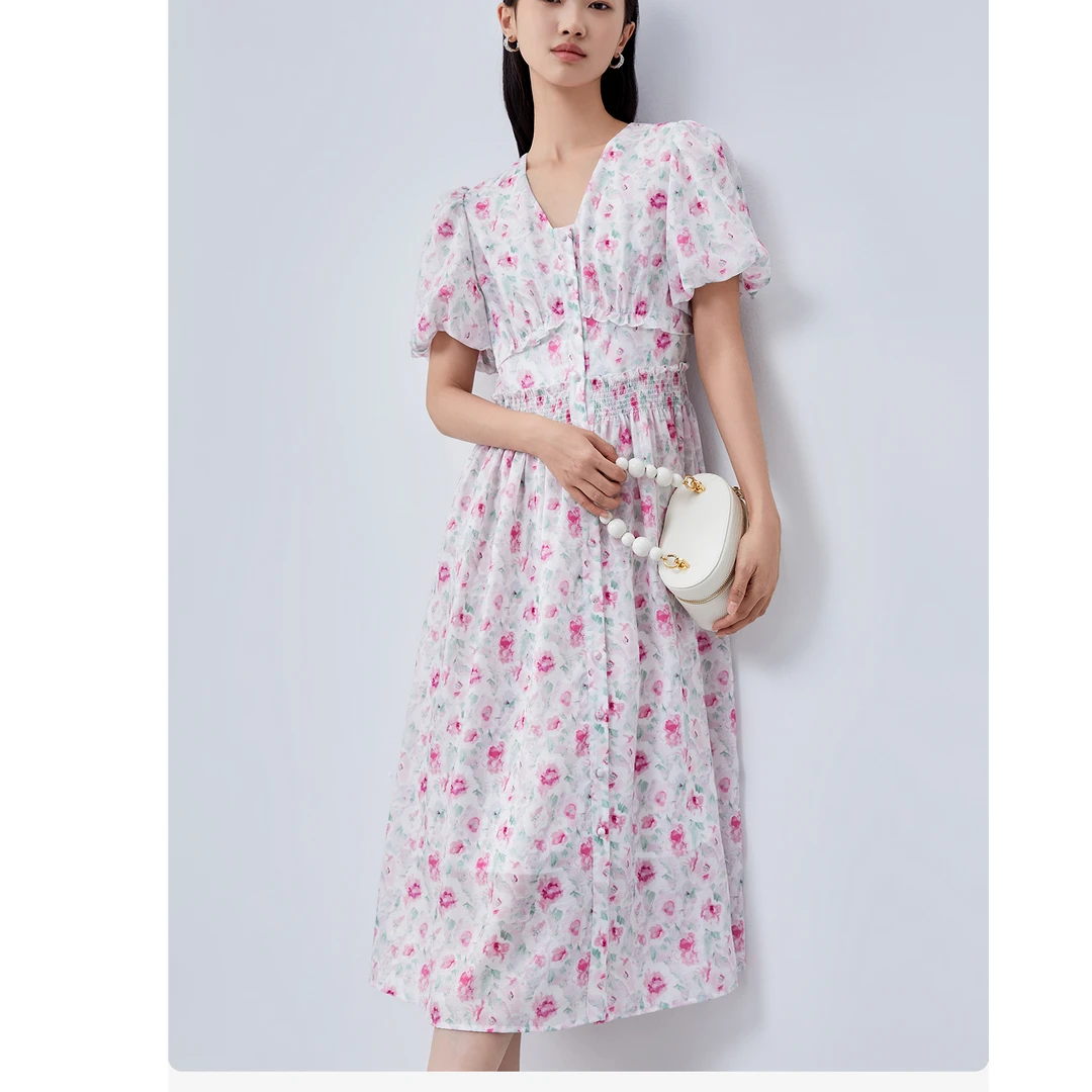 【毛毛专属】芭依璐2025夏季连衣裙女泡泡袖镂空v领长裙90L7913