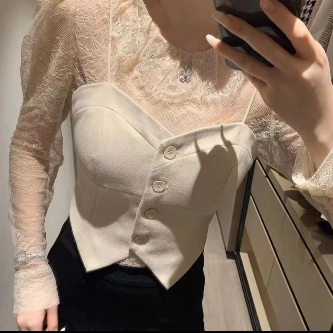 洋洋优选-春季新款时尚纯欲风性感睫毛蕾丝设计内搭女上衣YY69193