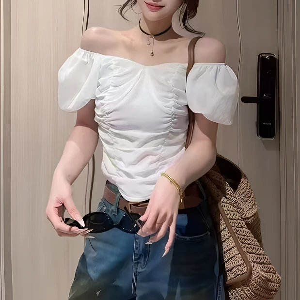 简约泡泡袖褶皱一字肩上衣气质显瘦露肩设计感