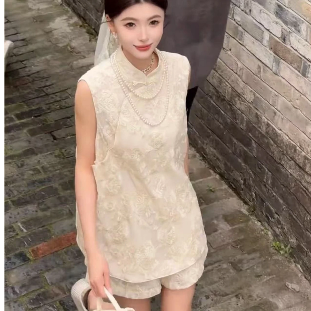 【TT-锦绣】新中式国风清冷感刺绣时尚显瘦改良旗袍上衣短裤两件套