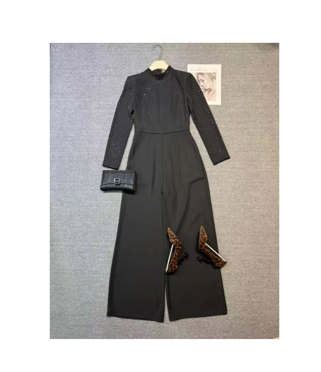 预连体裤12082长袖高腰立领重工闪钻爆款连体裤D4（裤长143左右）