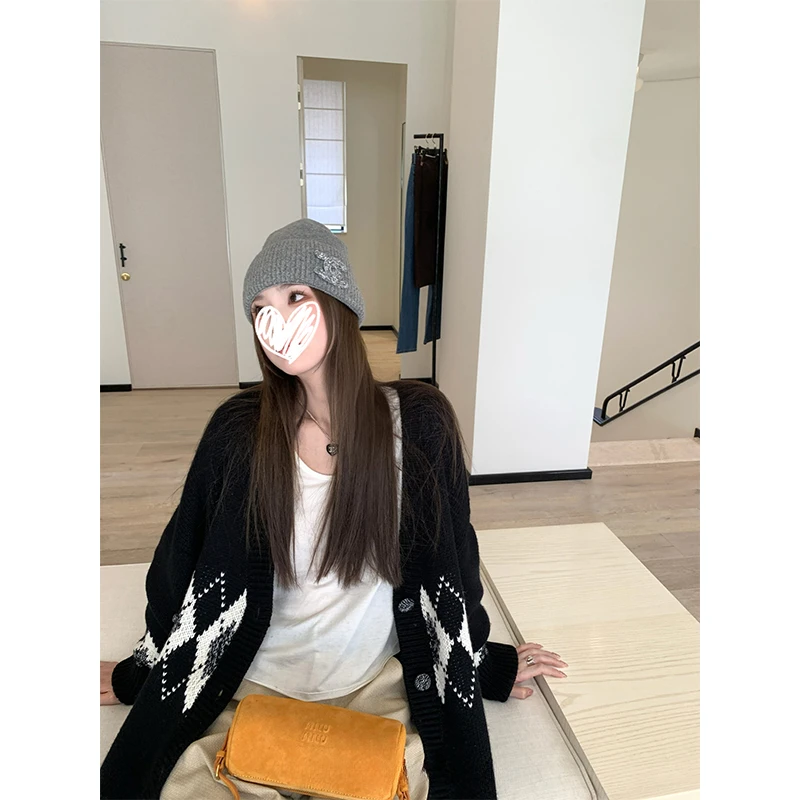 毛衣开衫慵懒风女早秋设计感小众日系复古韩系ins菱格v领针织外套