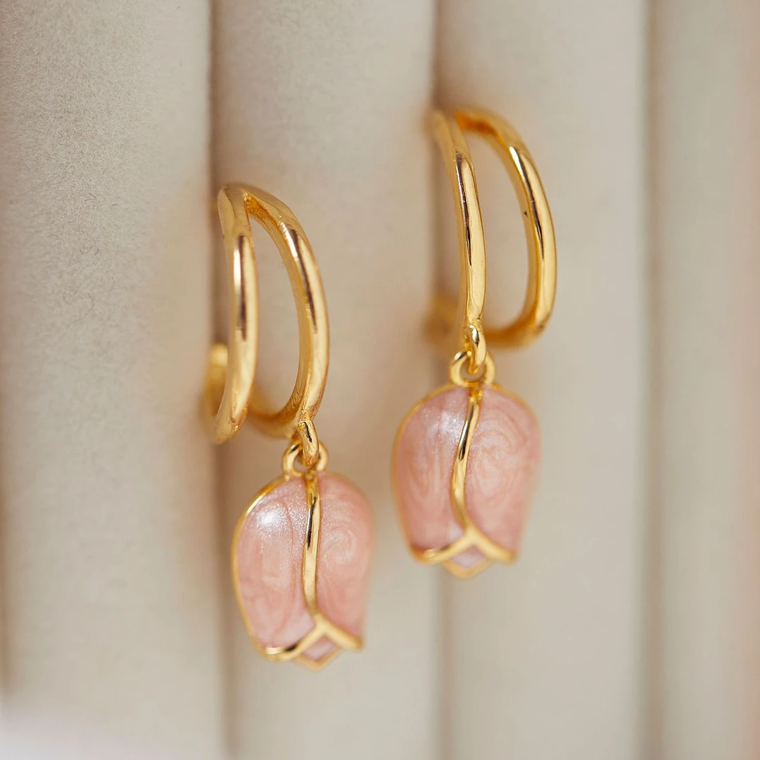 铜合金耳饰 油画感粉色郁金香耳钉精致花朵流苏耳环轻奢简约A5007