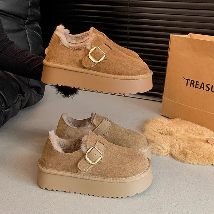 厚底全包加绒勃肯鞋2025秋冬新款一脚蹬博肯甜桃厚灰色骑士雪地靴