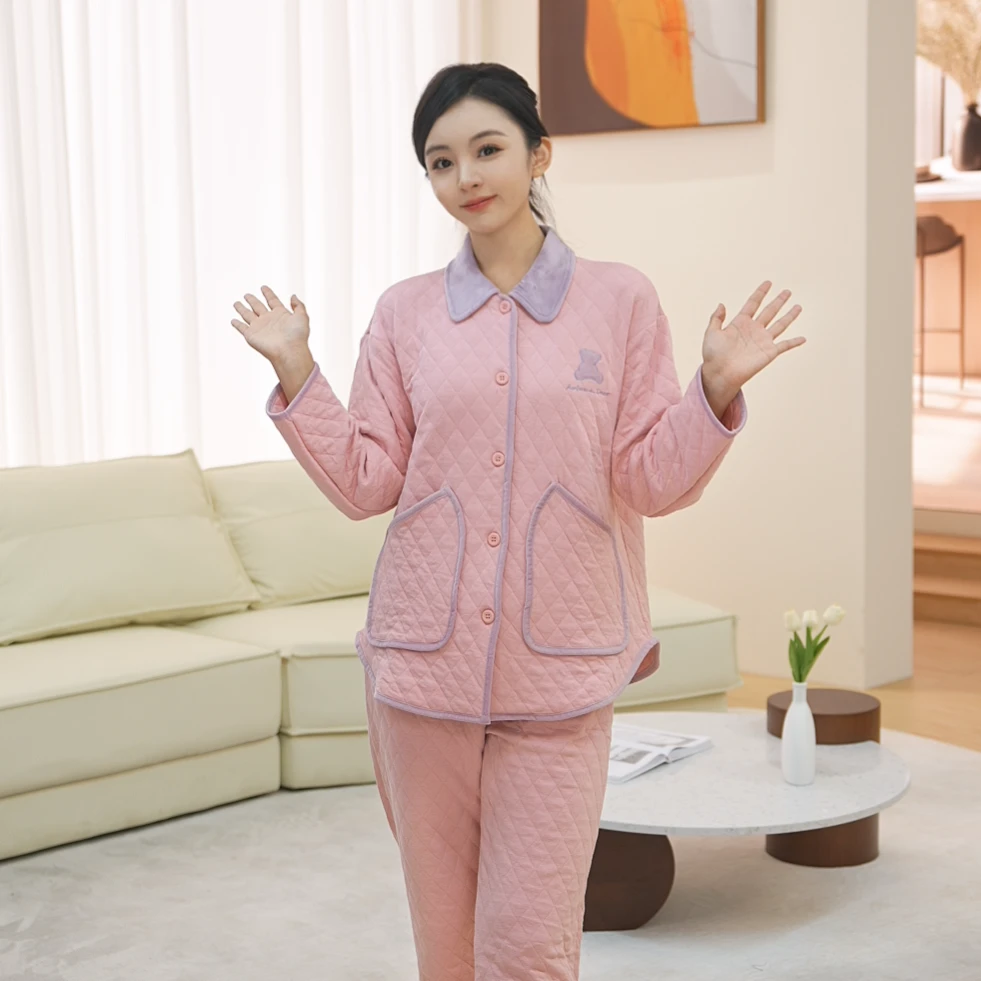 秋鹿空气棉高质量百搭睡衣冬加厚保暖长袖家居服女秋冬款宽松套装