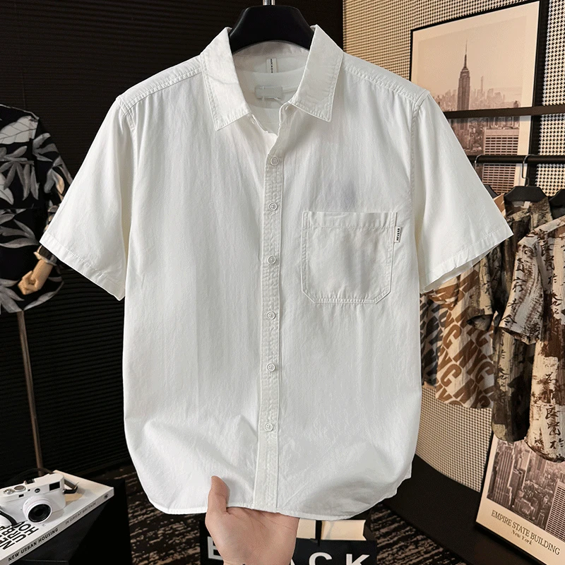 简约百搭纯棉短袖衬衫男夏季日系复古休闲亲肤宽松有口袋翻领寸衣
