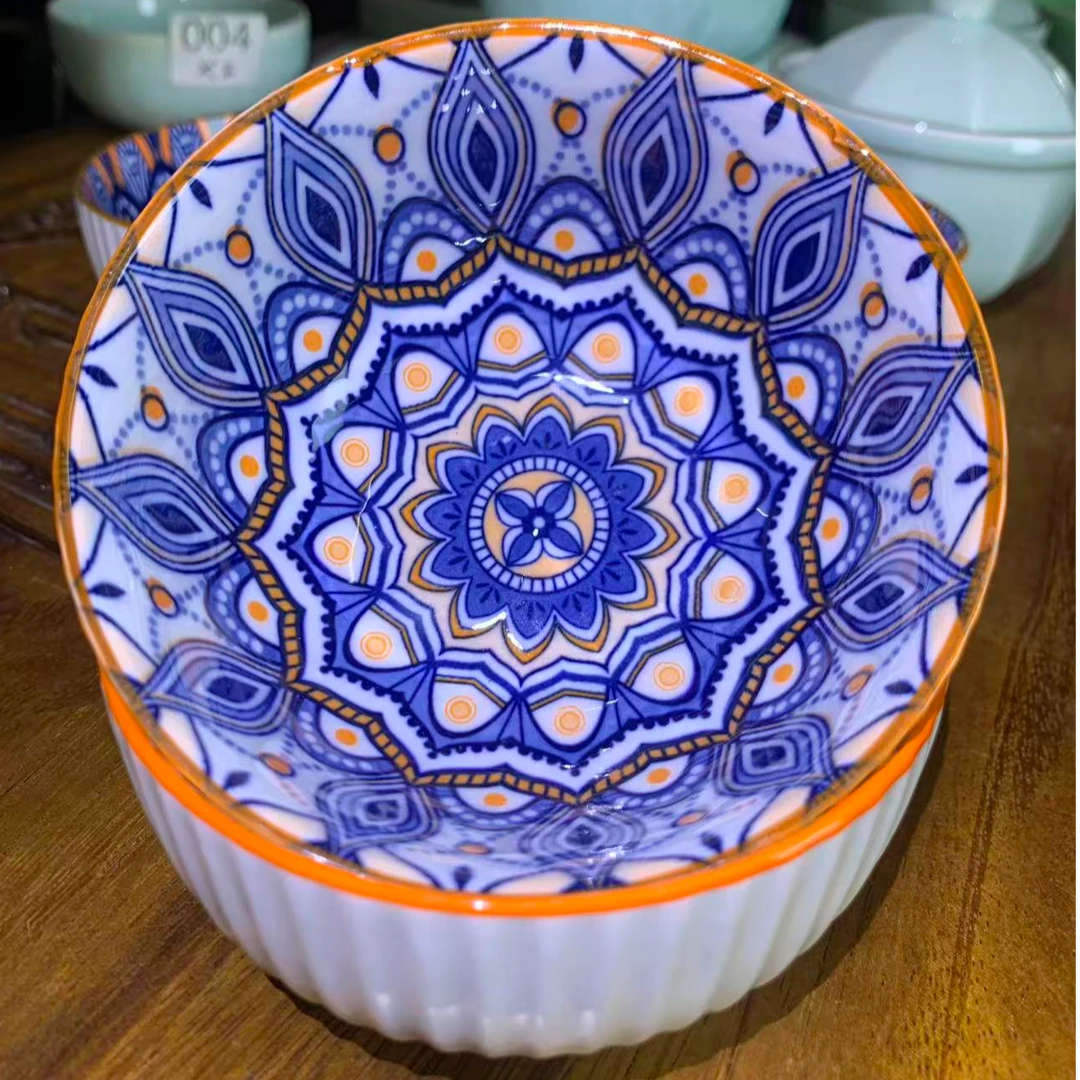 波西米亚饭碗4个 釉下彩条纹碗 复古蓝色