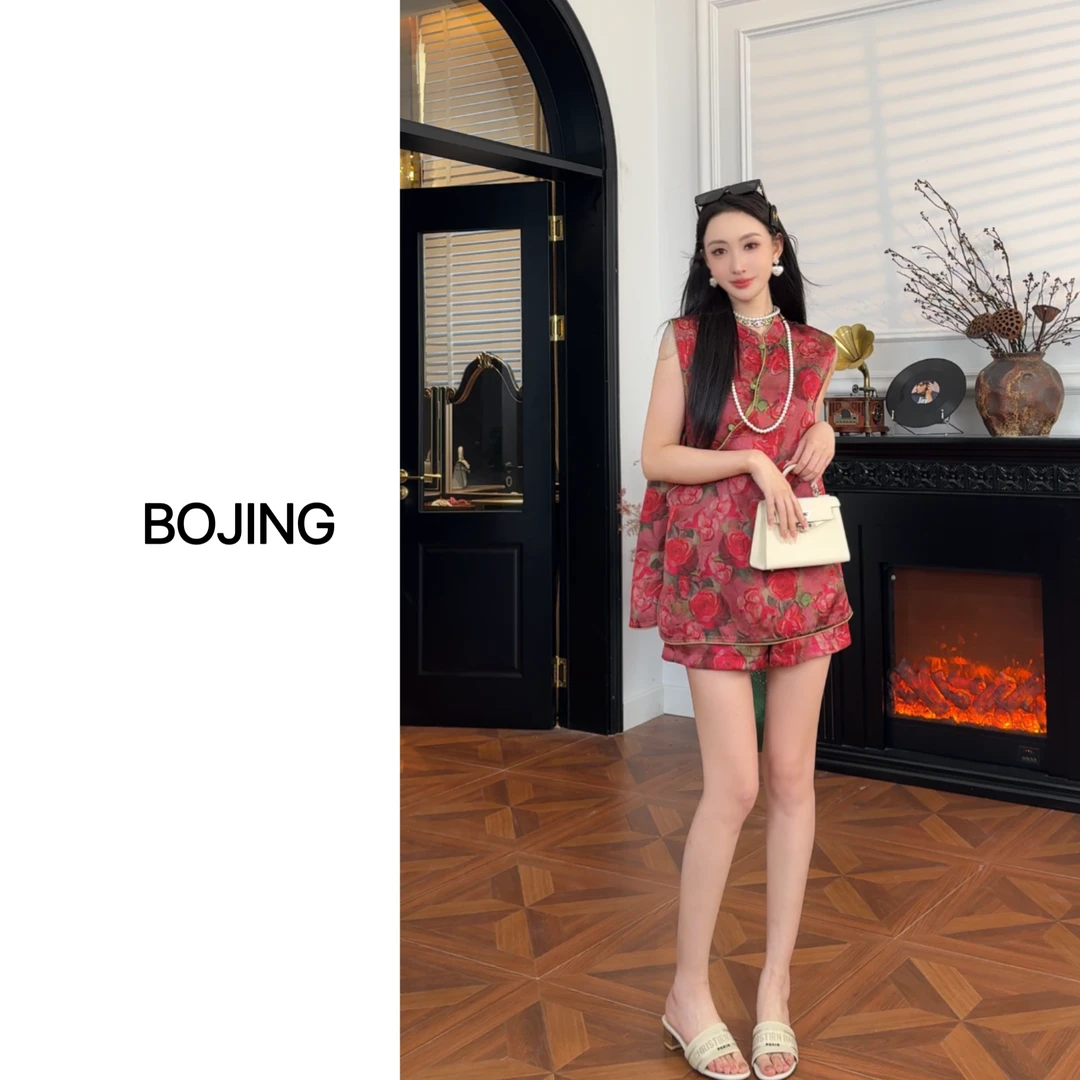 现货【玫瑰园】新中式人丝中国风显瘦时尚夏季复古套装