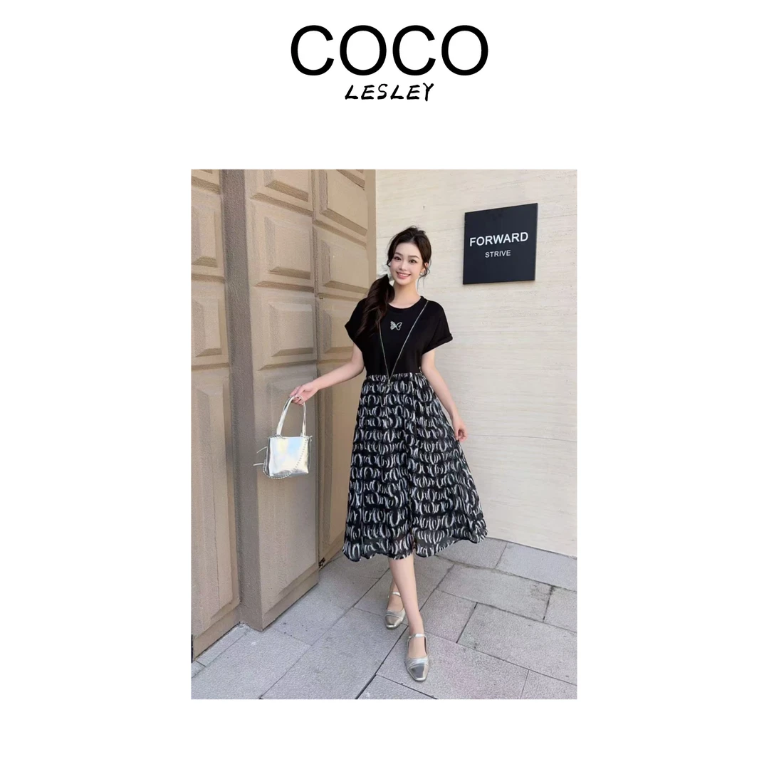 【COCO LESLEY】雪纺+棉蝴蝶烫钻拼接印花连衣裙msl517