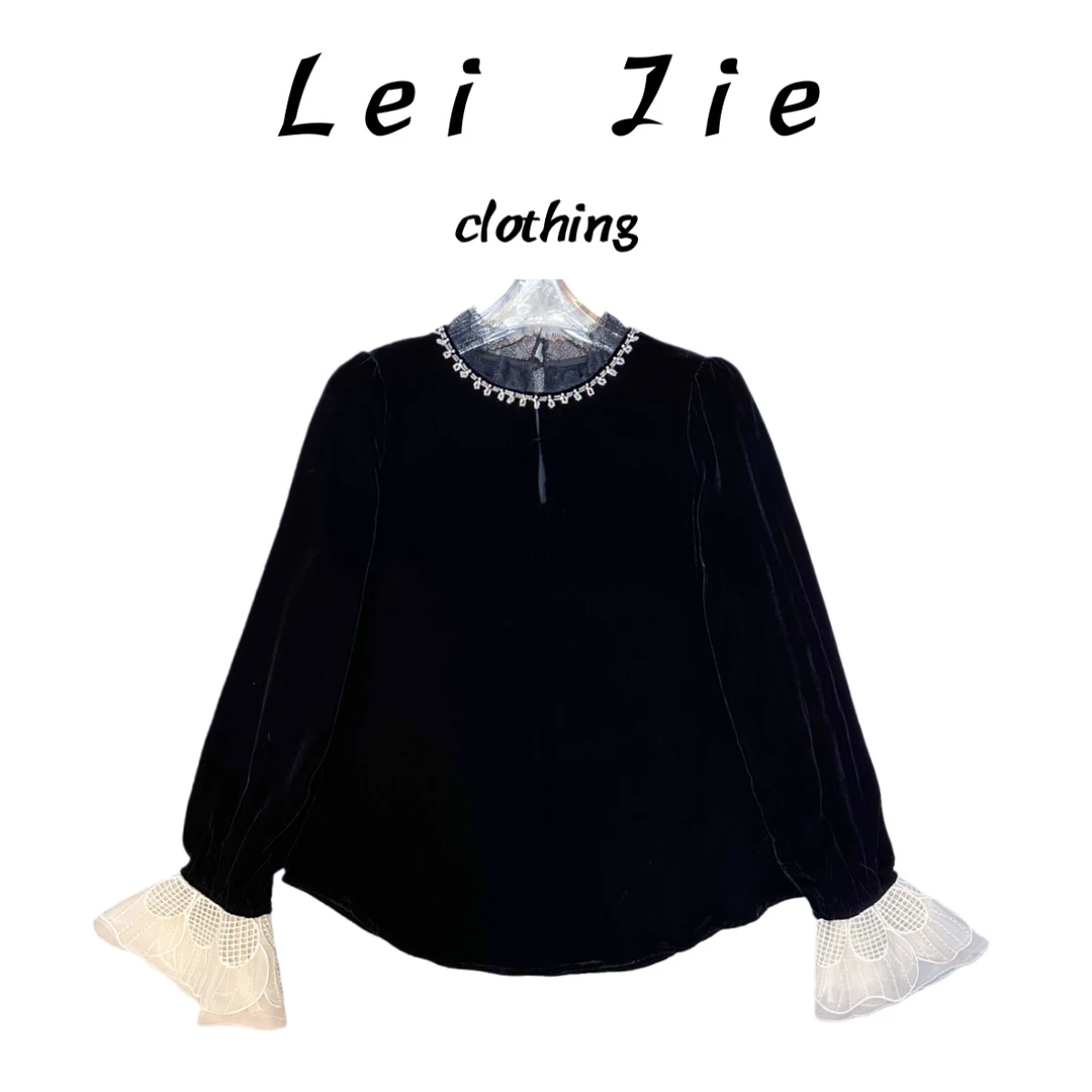【Lei Jie】100%真丝丝绒蕾丝领喇叭袖上衣5159