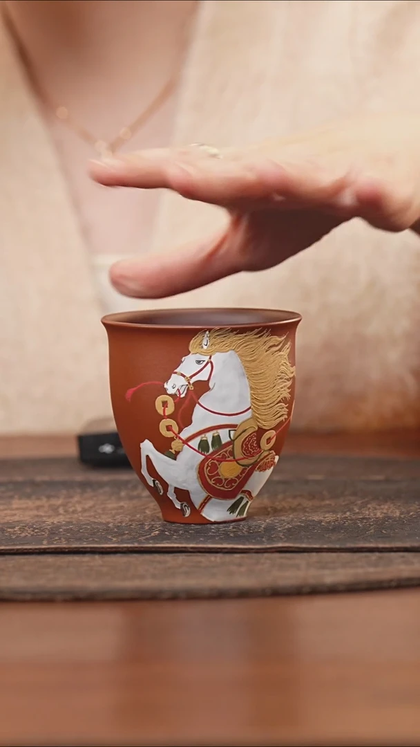 紫砂茶叶罐宁**美朱泥泥绘唐马主人杯