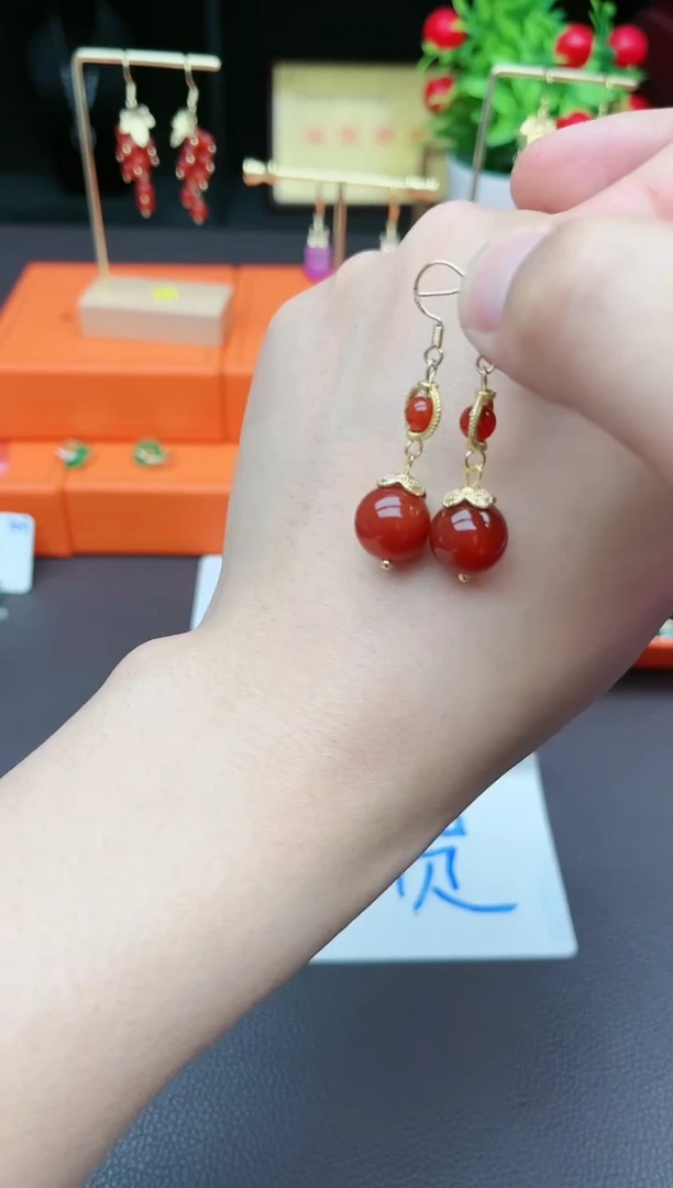 南红玛瑙银S925镶嵌耳饰203000