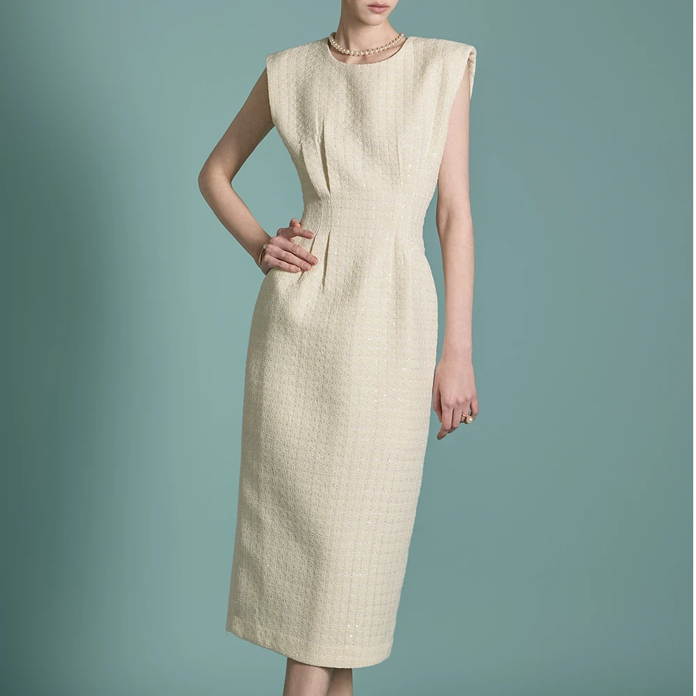 【夏季新品】气质优雅无袖收腰中长款纯色连衣裙简约显瘦白色中国风