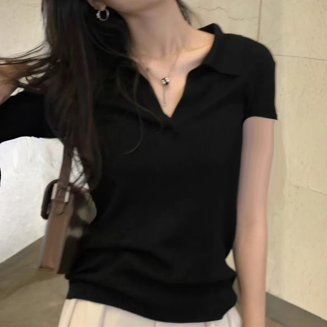 黑色POLO领短袖T恤女夏季薄款设计感小众v领别致上衣正肩半袖体恤