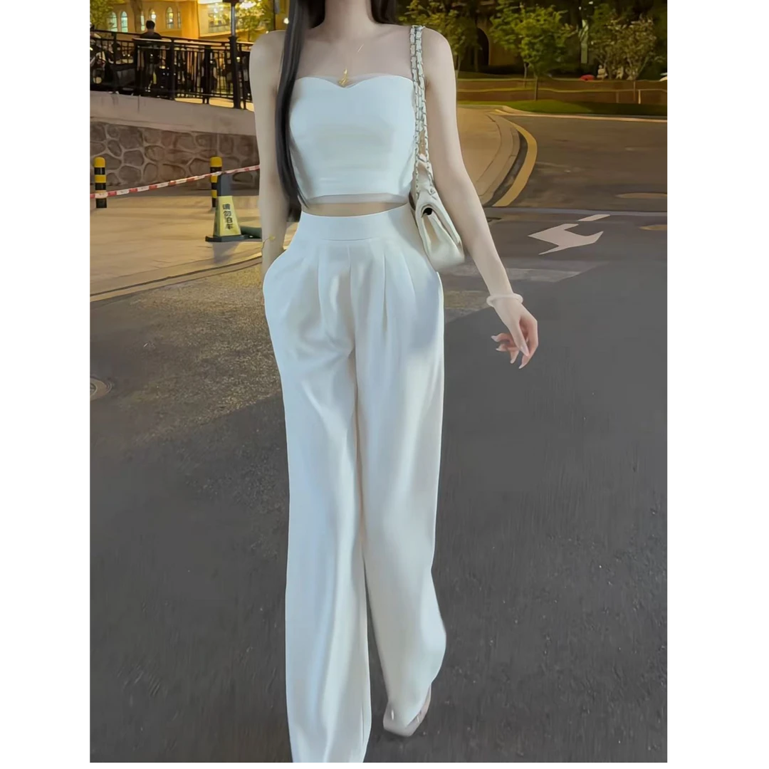 轻纱抹胸背心裹胸上衣宽松休闲拖地裤西装裤纯欲辣妹夏季装