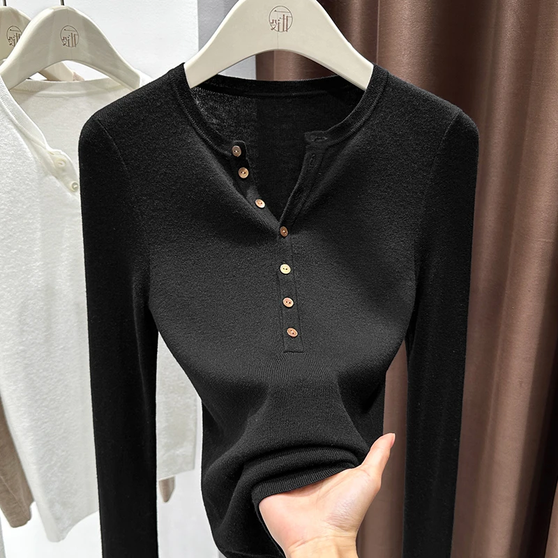 黑色独特半开领柔软长袖上衣女款秋季新款百搭薄款纯色针织打底衫
