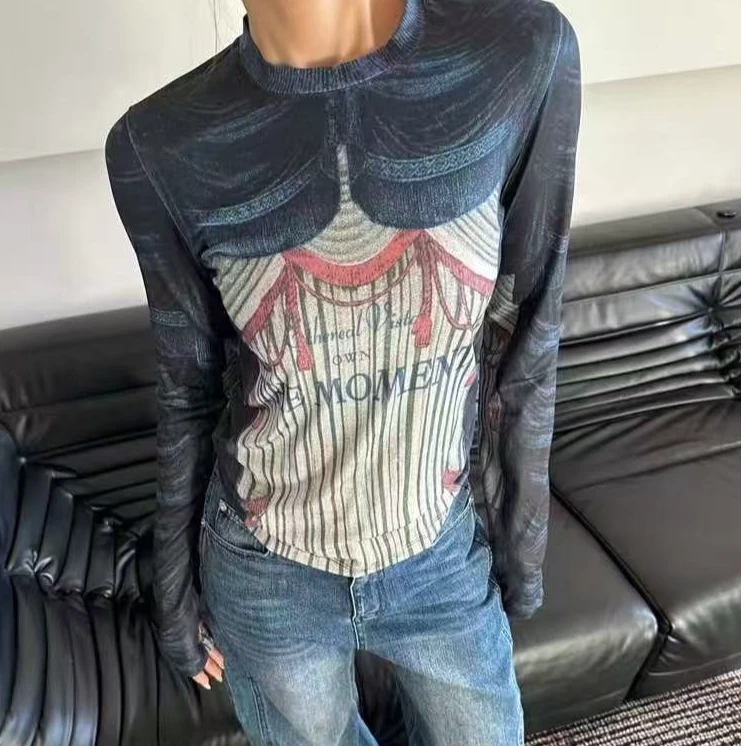 25新款甜酷辣风建筑印花圆领百搭修身长袖显瘦Tins时尚网红