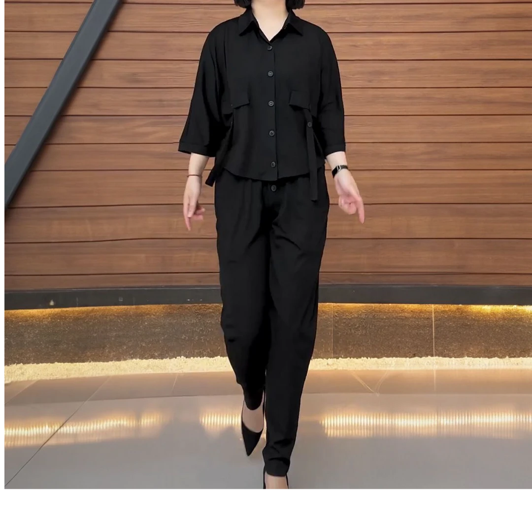 春夏时尚高档女套装休闲遮肉七分袖开衫领外套小哈伦裤套装两件套