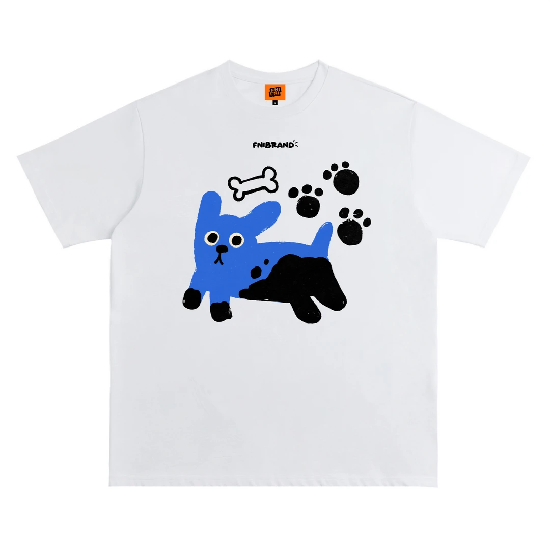 FNIFNI（蓝色小狗）男女同款t恤美式复古纯棉短袖上衣24潮新款